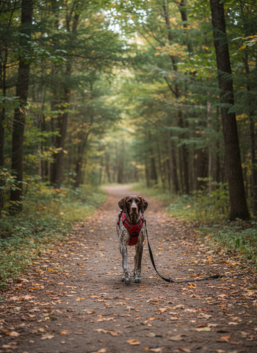 A sturdy, athletic medium-sized dog with a sleek, well-groomed coat and secure hiking harness walks calmly along a wide forest trail on Montréal’s South Shore. The ground is a mix of packed earth and scattered leaves, with tall mixed hardwoods and evergreens forming a lush corridor on either side. Soft, diffused daylight filters through the canopy, creating gentle patches of light and shadow on the trail. The mood is serene and reassuring, emphasizing a safe, VIP-style solo adventure. Photographic realism, shot at eye level with the dog centered in the frame and the path stretching into a softly blurred background, suggesting ongoing supervised exploration in nature.