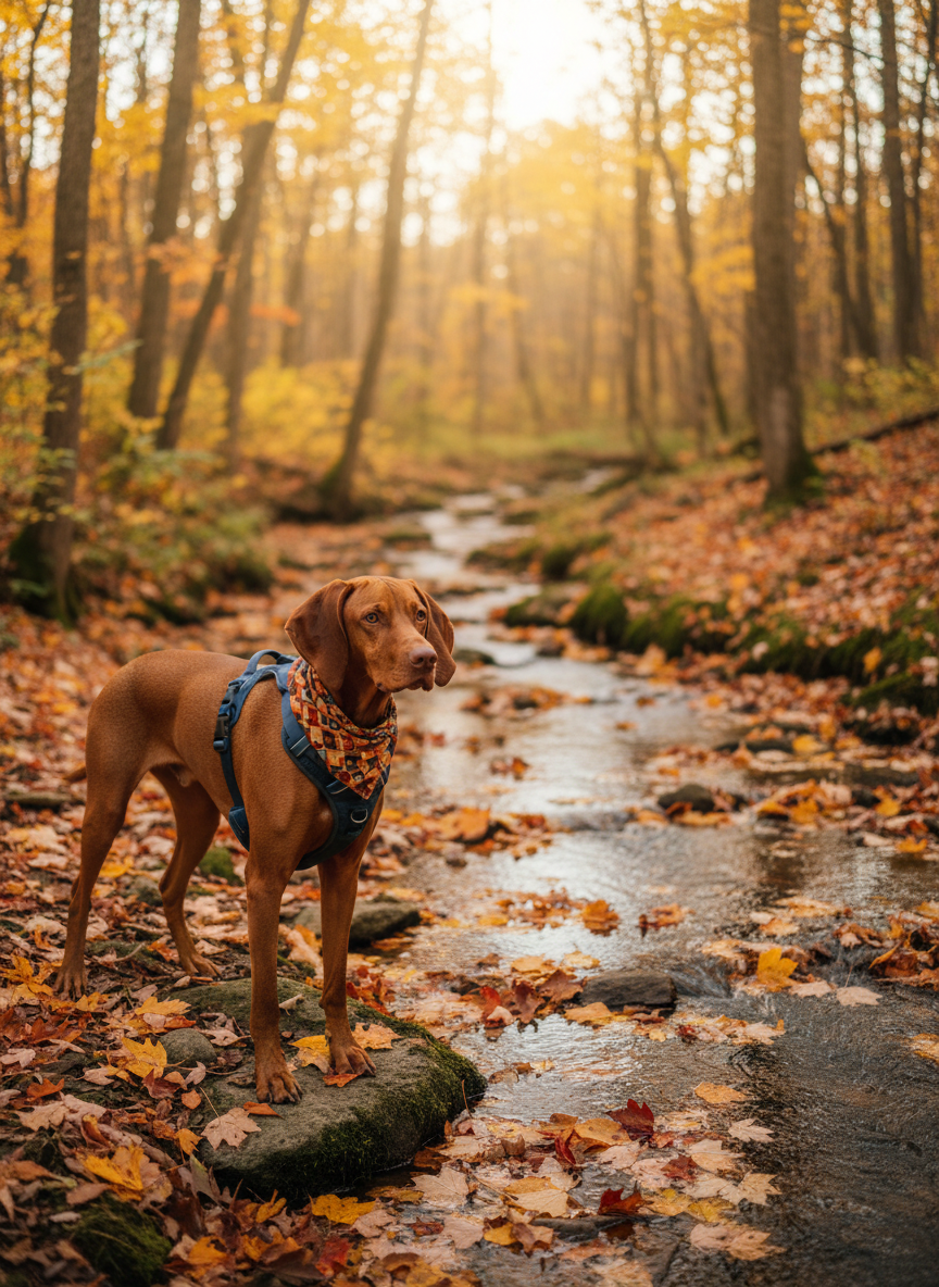 A single dog with a short, glossy coat pauses beside a small stream in a South Shore forest during early autumn, wearing a secure harness and a brightly colored bandana. Fallen leaves in shades of yellow, orange, and red float on the gently moving water and line the banks. Warm late afternoon sunlight filters through thinning foliage, casting golden highlights on the dog’s fur and subtle reflections on the stream. The atmosphere is tranquil and contemplative, suggesting an unrushed, VIP randonnée where there is time to explore and observe. Photographic realism, composed using the rule of thirds with the dog near the foreground and the stream leading diagonally into a softly blurred background of trees and foliage.