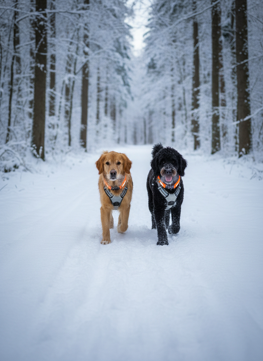 A pair of dogs in reflective harnesses and bright safety collars walk side by side on a wide, snow-covered forest path on Montréal’s South Shore. Their breath forms small clouds in the crisp winter air, and their pawprints trail neatly behind them in the fresh powder. Bare trees flank the path, their branches lightly dusted with snow. Soft winter daylight under an overcast sky creates even, diffused lighting with gentle, bluish shadows on the snow. The mood is calm, secure, and invigorating, highlighting seasonal safety and controlled exploration even in colder months. Photographic realism, shot at eye level with strong depth of field, capturing the dogs in sharp focus while the path leads the viewer’s eye into the distant, softly fading forest.